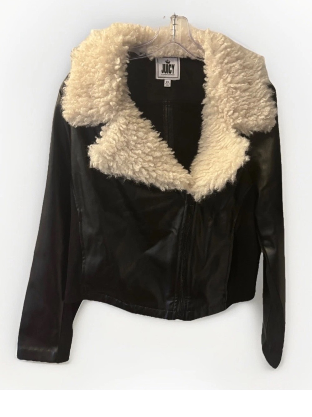 Y2K Juicy Couture Black Faux Leather Bomber Moto Crop Jacket Cream Sherpa Collar - Picture 2 of 4